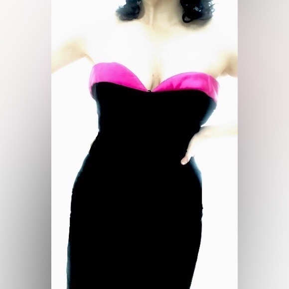NWT Vtg 90s Hot Pink Satin Black Velvet Strapless Sweetheart Formal Party Dress - Picture 1 of 12